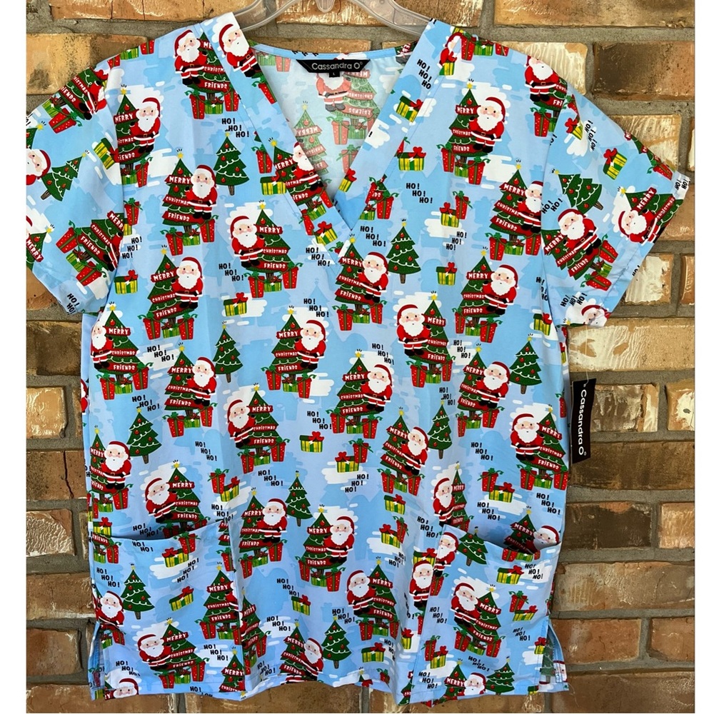 Cassandra O Women’s V-Neck Short Sleeve Holiday Themed Scrub Top Large